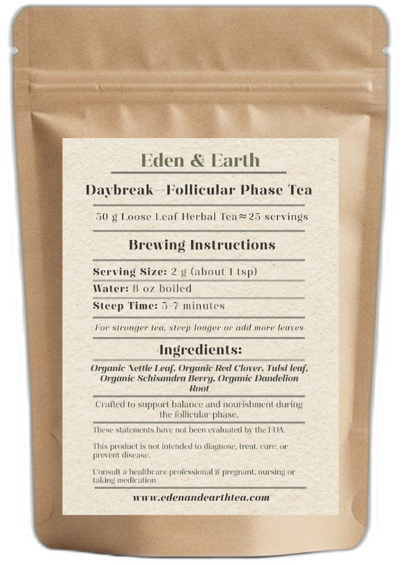 Our Daybreak blend contains Tulsi and Schisandra supporting cortisol levels and liver detoxification, Red Clover and Vitex to help balance estrogen levels, and Nettle to replenish essential minerals lost during menstruation. Our Daybreak blend contains Tulsi and Schisandra supporting cortisol levels and liver detoxification, Red Clover and Vitex to help balance estrogen levels, and Nettle to replenish essential minerals lost during menstruation.