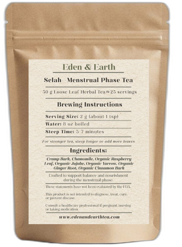 Our Selah blend features Cramp Bark, Ginger, and Cinnamon to ease uterine cramping, Raspberry Leaf to tone the uterus, Yarrow to regulate heavy flow and support circulation, and Chamomille to sooth muscles and the nervous system. Our Selah blend features Cramp Bark, Ginger, and Cinnamon to ease uterine cramping, Raspberry Leaf to tone the uterus, Yarrow to regulate heavy flow and support circulation, and Chamomille to sooth muscles and the nervous system.