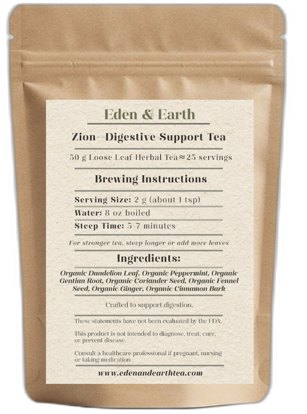 Our Zion blend contains Gentian Root, Dandelion Leaf, Peppermint, Coriander Seed, Fennel Seed, Ginger Root, and Cinnamon to support digestion and ease bloating. Our Zion blend contains Gentian Root, Dandelion Leaf, Peppermint, Coriander Seed, Fennel Seed, Ginger Root, and Cinnamon to support digestion and ease bloating.