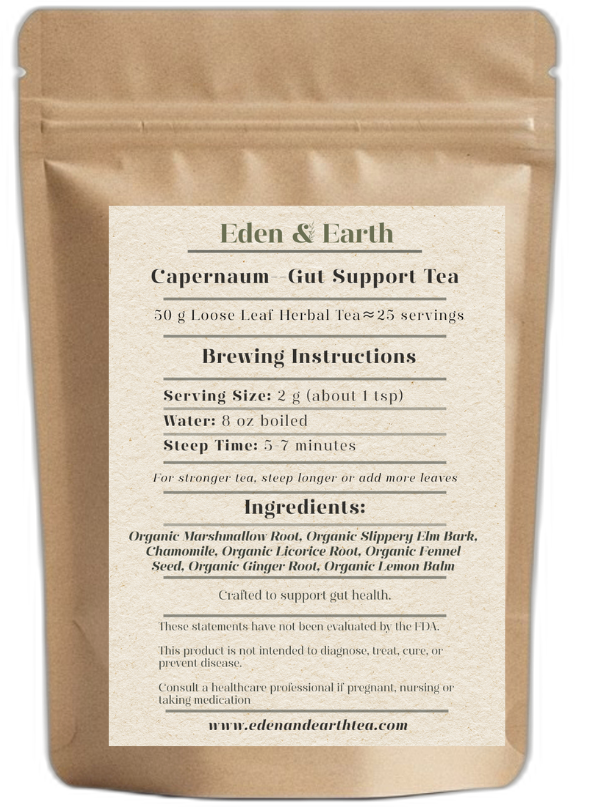 Our Capernaum blend is comprised of Marshmallow Root, Slippery Elm Bark, Chamomile, Licorice Root, Fennel Seed, Ginger Root, and Lemon Balm to support gut lining repair and reduce inflammation.